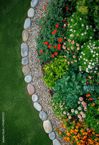 Image of a rock garden. A garden border made of colorful gravel has colorful pebbles of various sizes and colors along the edge of an outdoor flower bed.