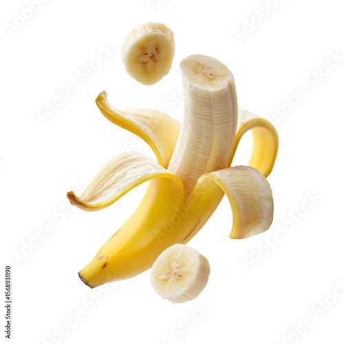 Peeled banana with slices floating in air