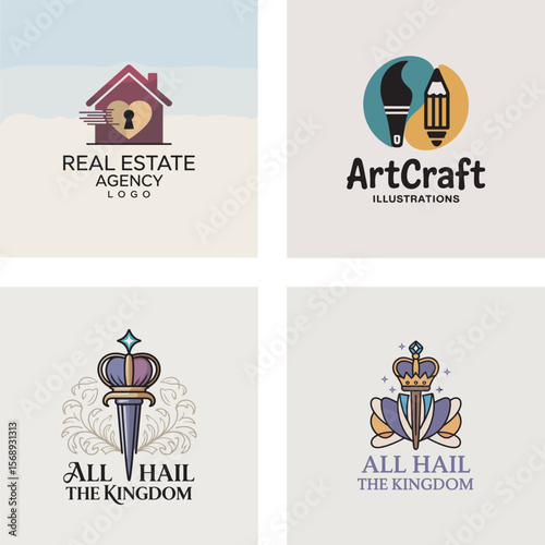 Four different minimalist logo designs including real estate agency art craft kingdom and illustration examples