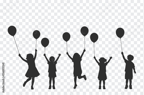 Diverse group of children joyfully celebrating with balloons silhouetted against a transparent background