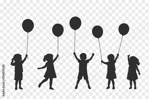 Diverse group of children in silhouette holding balloons symbolizing joy and celebration against a transparent background