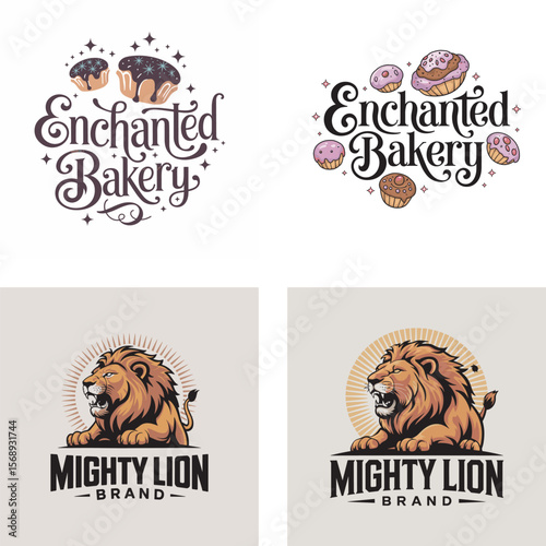 Two logo concepts for business brands including enchanted bakery and mighty lion with detailed illustrations and design elements