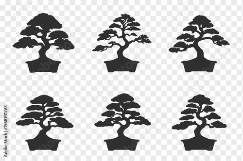 Collection of six stylized black silhouette bonsai trees in pots on a transparent checkered background