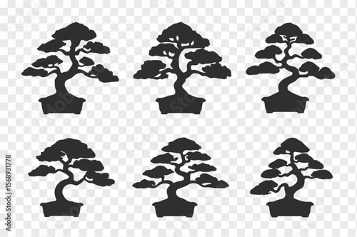 Collection of six stylized black silhouette bonsai trees in pots arranged in two rows on a transparent background