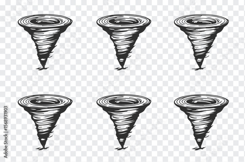 Six stylized black and white illustrations of tornadoes arranged in two rows on a transparent background
