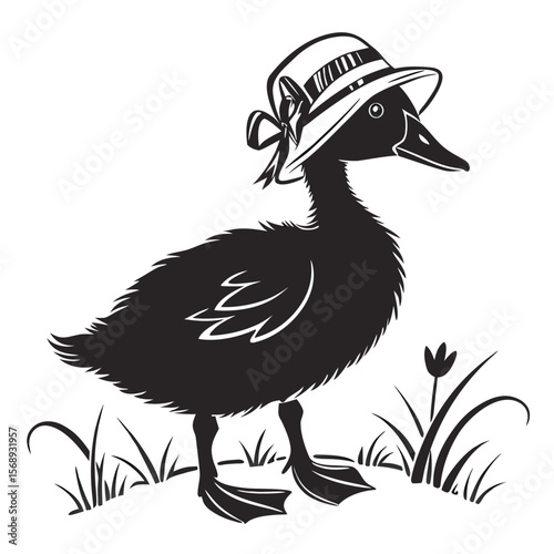 Elegant Duck in a Hat: A Chic Black and White Illustration
