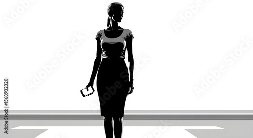 Businesswoman Silhouette with Phone Standing on Runway | Elegant Female Executive in Monochrome for Corporate Communication and Leadership Imagery