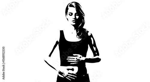 Abstract Black and White Silhouette of Woman Massaging Stomach | Healthcare Concept for Pain Relief, Wellness and Women's Health Campaigns