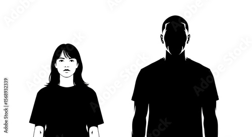 Woman and Shadow Man - Minimalist Vector Illustration for Contrast, Mystery and Social Commentary