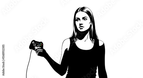 Woman Holding Game Controller in Black and White | Serious Female Gamer Ready to Play Video Games for Entertainment and Competition