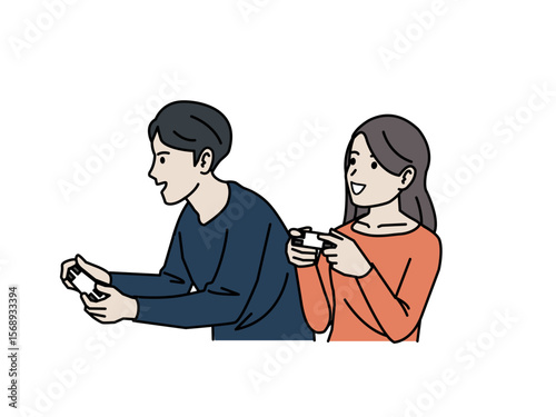 ゲームして遊ぶカップルのイラスト