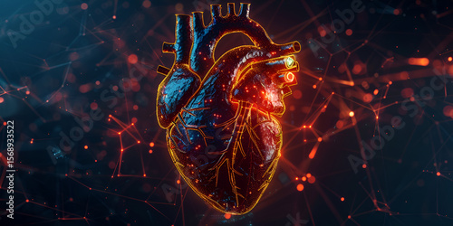 Futuristic 3D rendering of human heart, Glowing digital heart anatomy, Medical heart illustration with neural network

