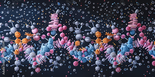 Repeating molecular pattern in 3D style, Symmetrical chain of colorful atoms, DNA sequence structure with symmetry

