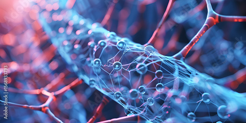 Transparent molecular tubes with nodes, 3D molecular biology structure, Chemical model with glowing lines and spheres

