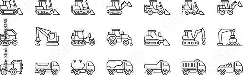 Construction Machinery, Construction Equipment Icons Set Editable Stroke.Vector pictograms of bulldozer, loader, grader, paver, roller, lowboy hauler, utility, concrete mixer, thin linear illustration