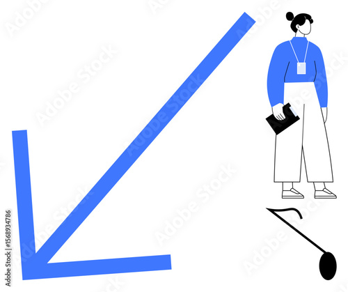 Woman holding clipboard standing beside bold downward arrow. Ideal for business trends, analytics, performance decline, evaluation, strategy, finance, risk-making. Minimalist simple flat metaphor