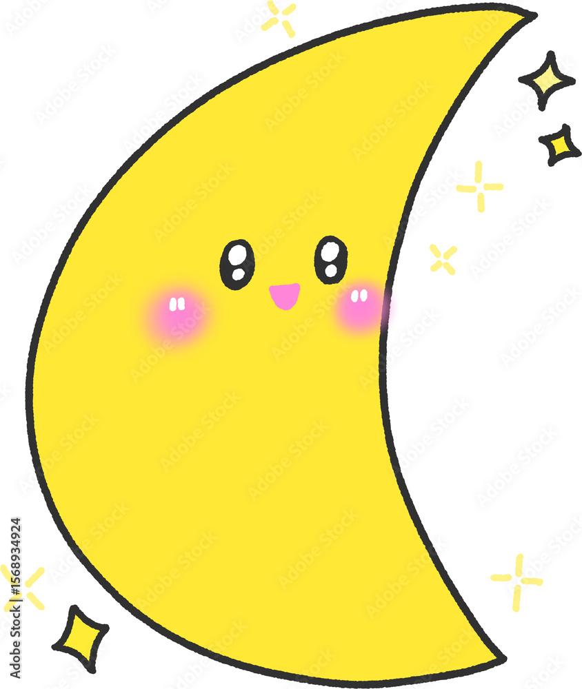Naklejka premium Smiling Crescent Moon with Sparkling Stars PNG – Hand Drawn Kids Illustration Transparent Background