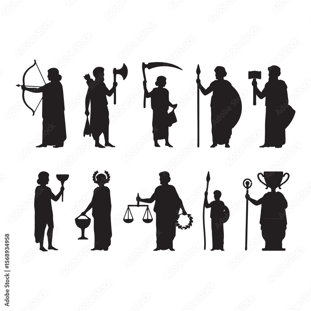 Obraz premium Ten Black Silhouettes of Greek Gods and Goddesses Holding Various Objects like Bow Arrow Axe Scythe Spear Hammer Cup Scales Wreath and Staff Against White Background