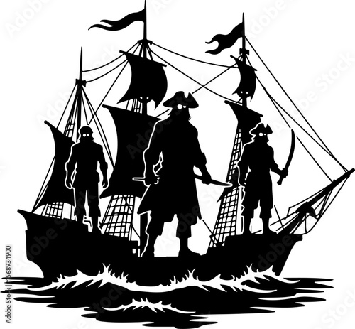silhouette of a pirate ship, ship, boat, silhouette, vector, sea, illustration, transportation, vessel, sailboat, nautical, sailing, sail, black, fishing, travel, cargo, yacht, ocean, water, cruise, t