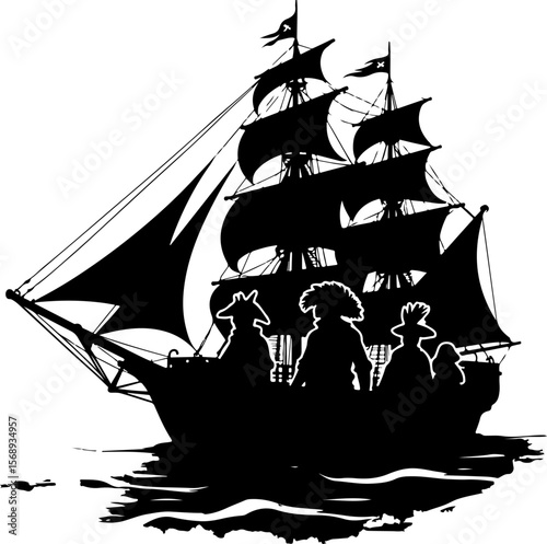 silhouette of a pirate ship, ship, boat, silhouette, vector, sea, illustration, transportation, vessel, sailboat, nautical, sailing, sail, black, fishing, travel, cargo, yacht, ocean, water, cruise, t