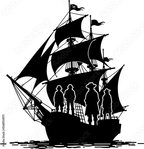 silhouette of a pirate ship, ship, boat, silhouette, vector, sea, illustration, transportation, vessel, sailboat, nautical, sailing, sail, black, fishing, travel, cargo, yacht, ocean, water, cruise, t
