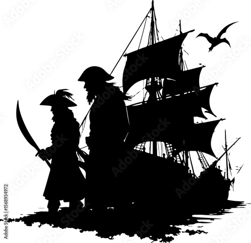 silhouette of a pirate ship, ship, boat, silhouette, vector, sea, illustration, transportation, vessel, sailboat, nautical, sailing, sail, black, fishing, travel, cargo, yacht, ocean, water, cruise, t