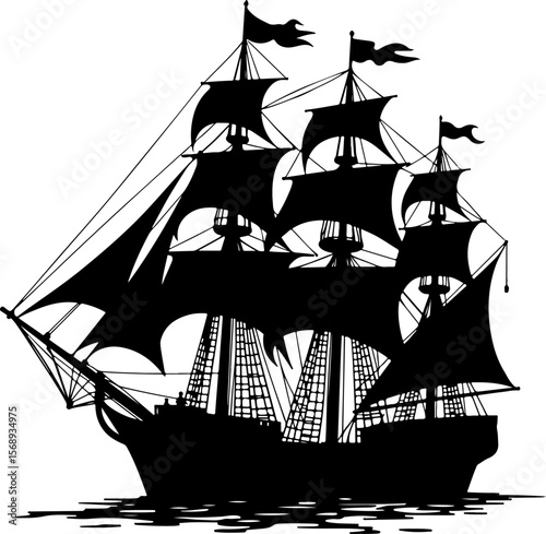 silhouette of a pirate ship, ship, boat, silhouette, vector, sea, illustration, transportation, vessel, sailboat, nautical, sailing, sail, black, fishing, travel, cargo, yacht, ocean, water, cruise, t