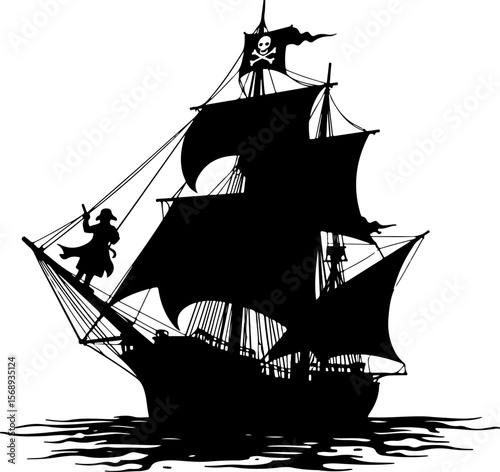silhouette of a pirate ship, ship, boat, silhouette, vector, sea, illustration, transportation, vessel, sailboat, nautical, sailing, sail, black, fishing, travel, cargo, yacht, ocean, water, cruise, t