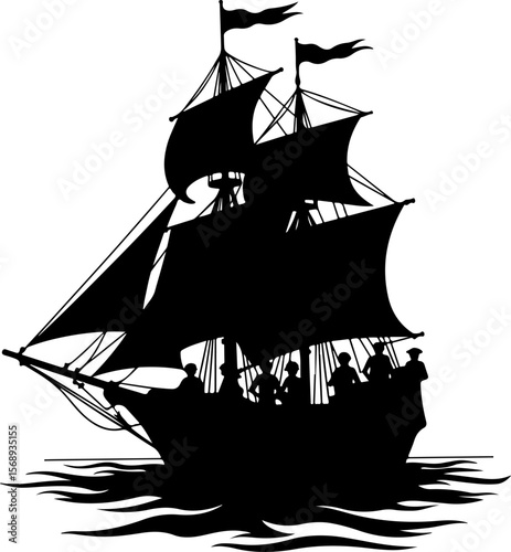 silhouette of a pirate ship, ship, boat, silhouette, vector, sea, illustration, transportation, vessel, sailboat, nautical, sailing, sail, black, fishing, travel, cargo, yacht, ocean, water, cruise, t