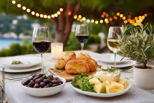 Romantic dinner table setting with wine, cheese, olives and bread outdoors