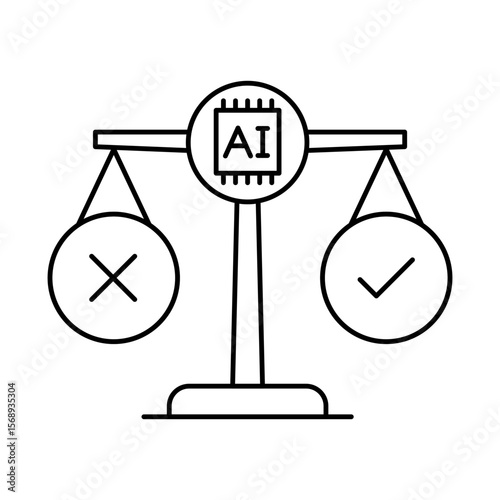 Vector icon of Ethical Decision Making icon.  Scale and Light Representing Morality and Integrity in AI Choices. Black Outline.