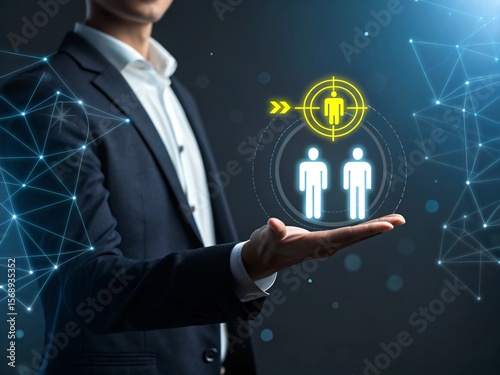 Businessman's hand, hologram of people, representing teamwork, symbolizing the technological idea that will change the world.