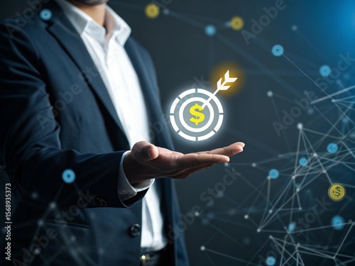 Businessman's hand and dollar hologram, showing a global social network connecting people through technology and communication.