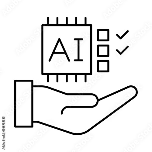 Vector icon of Accountability icon.  Hand Holding Scales Representing Responsibility and Clear Ownership of AI Systems. Black Outline.