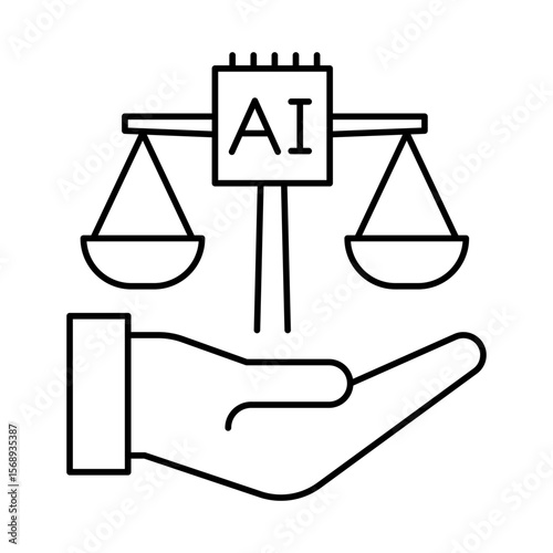 Vector icon of Fairness icon.  Scales of Justice Representing Equal Treatment and Non-Bias in AI Algorithms and Decisions. Black Outline.