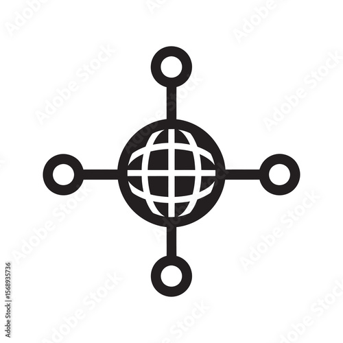 Global network connection solid glyph icon representing worldwide communication and internet technology with interconnected data points system