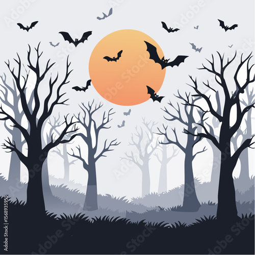 Halloween night scene with bats flying over a spooky forest against an orange moon, perfect for greeting cards or social media graphics.