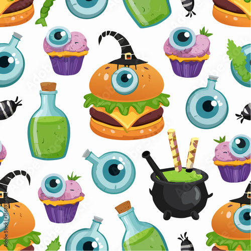 Spooky Halloween treats form a colorful pattern, including eyeball burgers, magic potions, and monster cupcakes for festive fun.