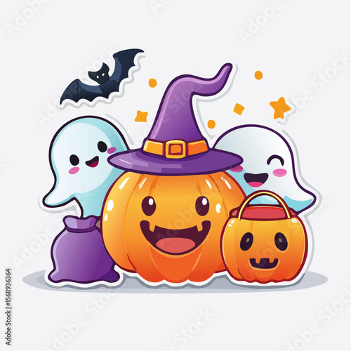 Charming Halloween design presents a delightful pumpkin wearing a witch hat, accompanied by friendly ghosts and a cute bat.