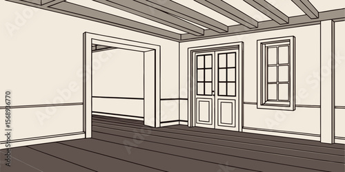 Empty Room with Raw Textured Wall and Light Wooden Parquet Flooring dark background vector illustration.