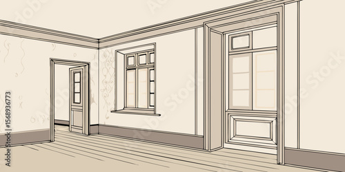 Empty Room with Raw Textured Wall and Light Wooden Parquet Flooring dark background vector illustration.