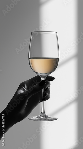 Simple design with elegant hands holding champagne glasses, wine glasses, modern style on a solid color background, conveying luxury or high-end service.