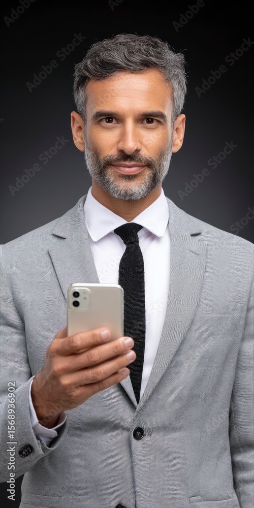 A stylish middle aged man with grey hair and beard wearing a light grey suit and black tie holds a smartphone A stylish middle aged man with grey hair and beard wearing a light grey suit and black tie holds a smartphone