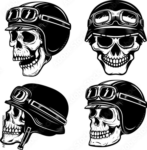 Illustration of skull in racer helmet. Design element for poster, card, banner, emblem, sign. Vector illustration
