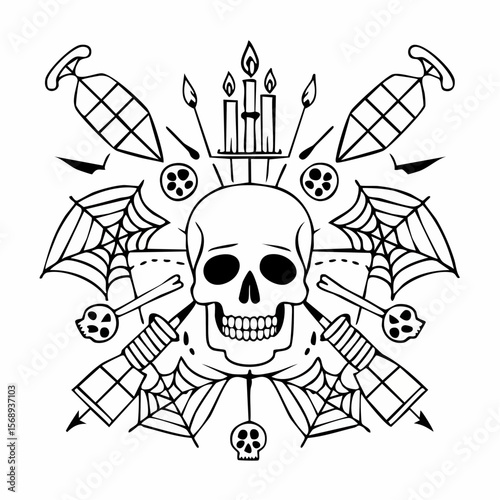 Dark artistic drawing of skull, candles, spider webs and grenades creates a spooky, gothic atmosphere perfect for Halloween themes.