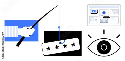 Fishing hook catching password field, alert pop-up on web window, and watching eye symbol. Ideal for cybersecurity awareness, online safety, hacking prevention, phishing, data protection, cyber