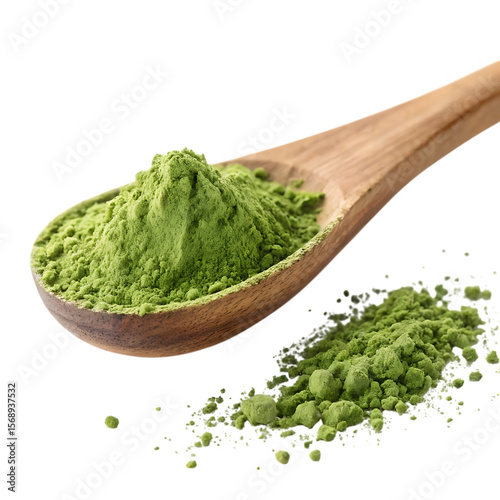 Wooden spoon of matcha green tea powder isolated on transparent background