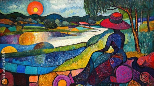Woman in Red Hat Contemplating a Landscape