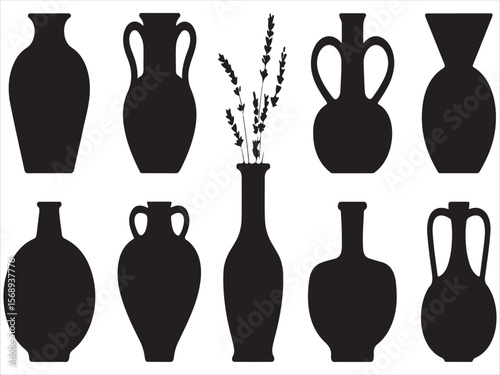 Collection of black silhouettes of various ancient greek amphorae and vases