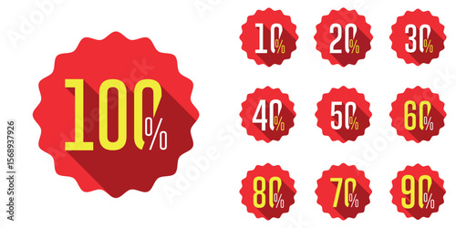 Promotion hold tag. Special offer discount on red tags shapes with different value percent off 90, 80, 70, 60,  50, 40,  30, 20, and 10%.